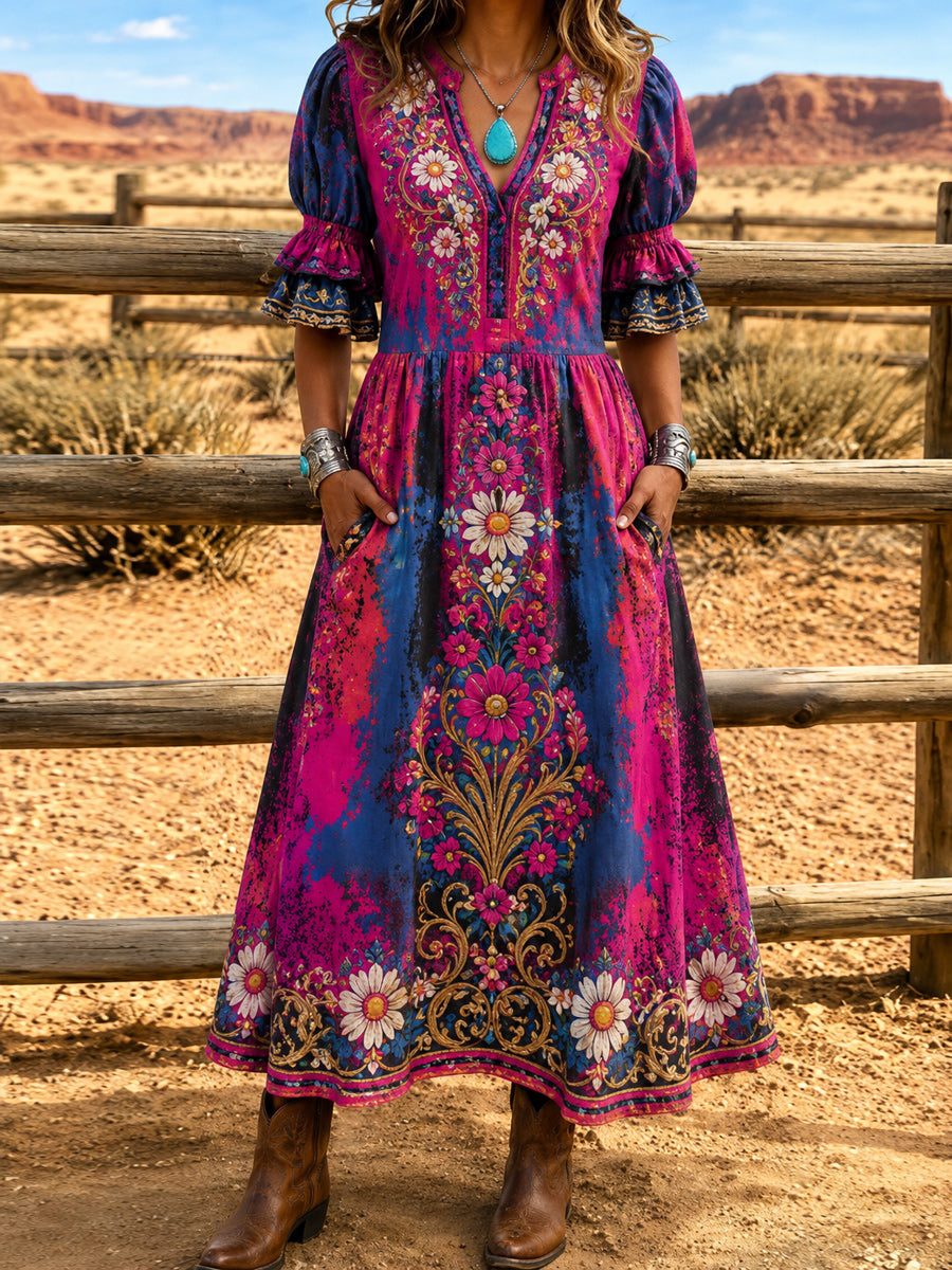 Women's Retro Art Print Washed Cotton Lace Patchwork Midi Dress